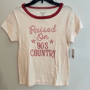 Mighty Fine Womens L  Raised On 90s Country Ivory Lace Trim Graphic Baby Tee NEW